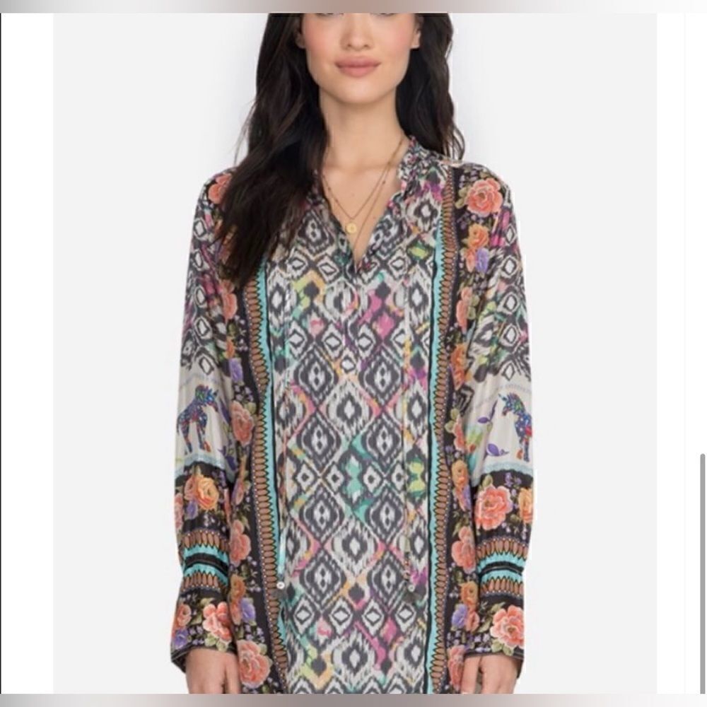 Johnny Was Nanette Silk Ikat Elephant Print Tunic Top in size XS NWOT - Picture 15 of 15